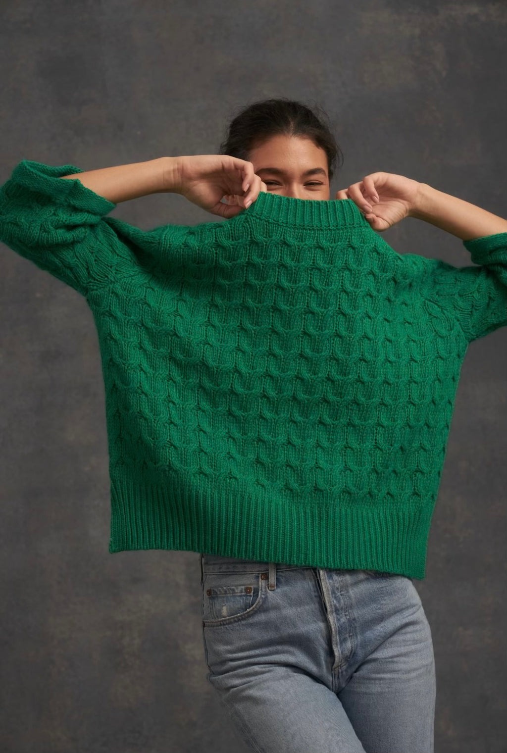 Little Lies Penny Knit is a beautiful emerald green cotton blend oversized cable knit jumper