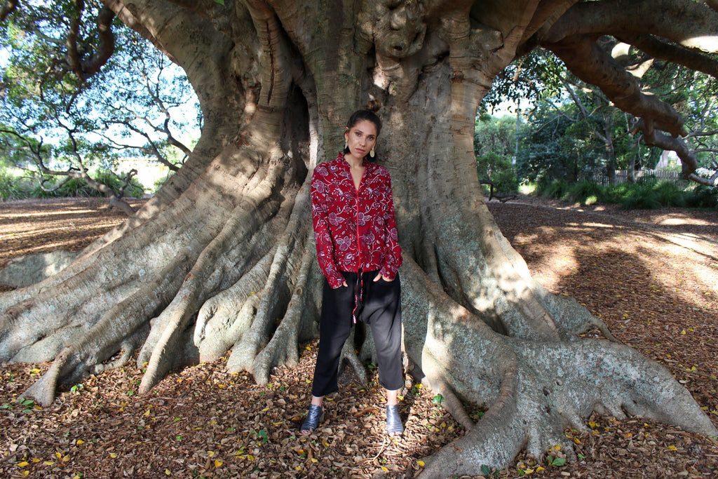 Boho startdust lightweight bomber like jacket in flower emporium rust print available at jipsi cartel boho luxe fashion boutique in wason street milton nsw