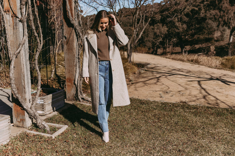 the wooll bled whistler coat is a trench style longer throw on jacket by foxwood