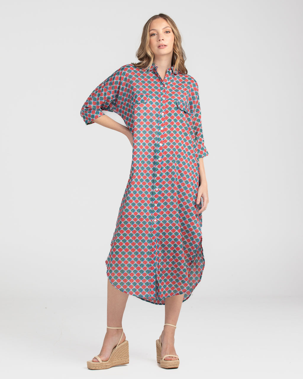 Amari shirt dress by boom shankar is a button up midi length dress in a small geometric print