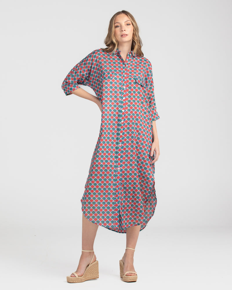 Amari shirt dress by boom shankar is a button up midi length resort style dress in a small geometric print