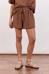 bronte linen shorts by little lies in chocolate brown