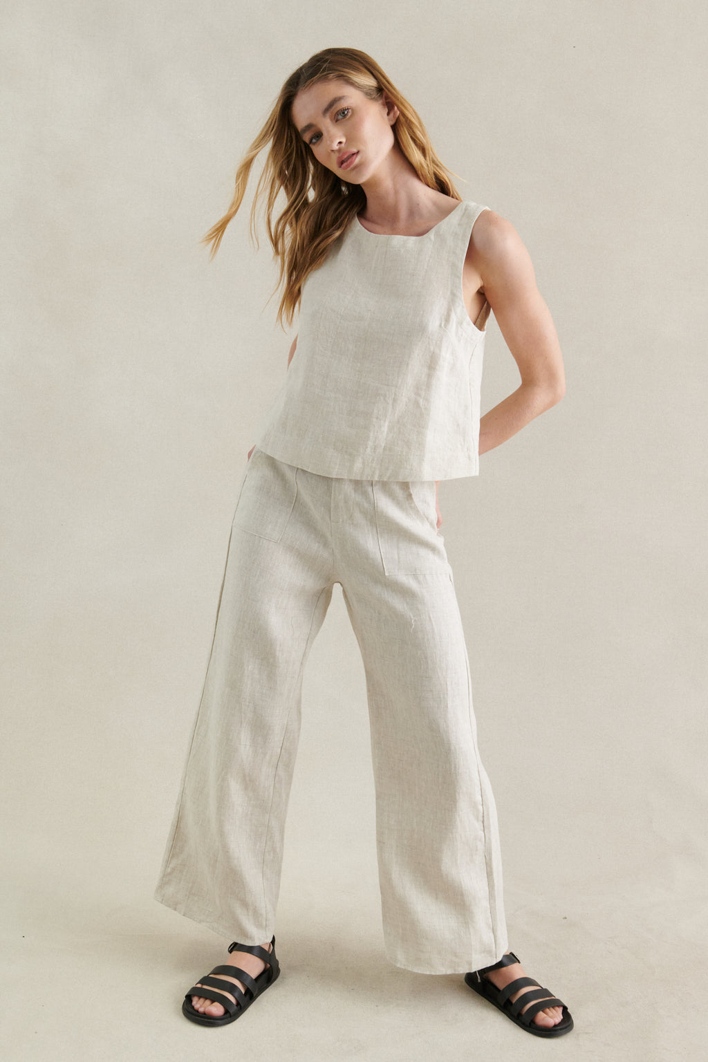 The Jude Linen Tank top is a pale blue sleeveless top by little lies with matching remy pants