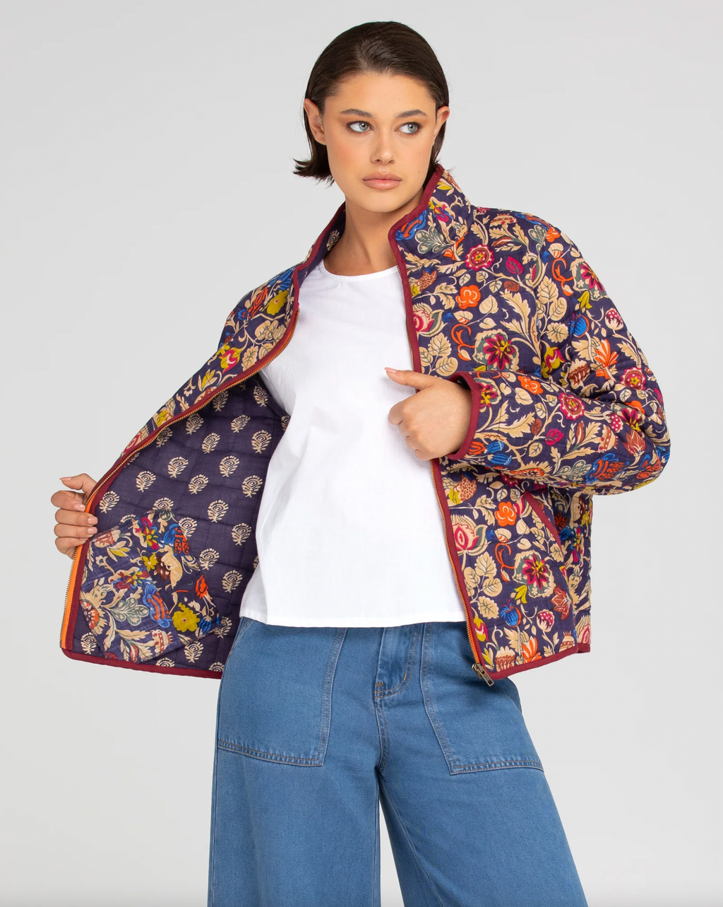 the cella quilted jacket by boom shankar is a cotton block printed boho floral zip up cotton jacket online at jipsi cartel