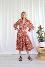 bohemian red floral midi length dress by salty bright