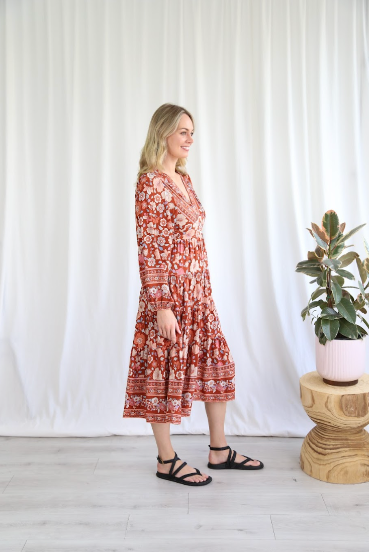 bohemian red floral midi length dress by salty bright