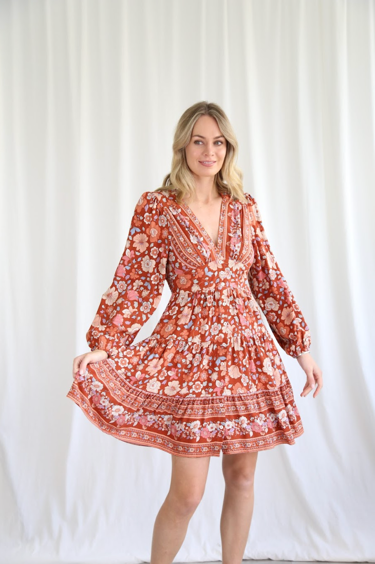 bohemian red floral mini length dress by salty bright