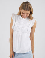 freya top by foxwood is a soft feminine boho white cotton top with lattice lace and frill details