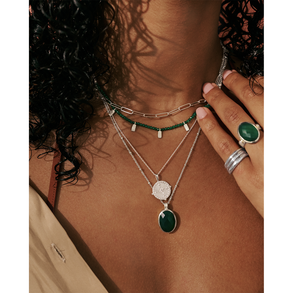 Green Onyx Pendant Necklace - Silver