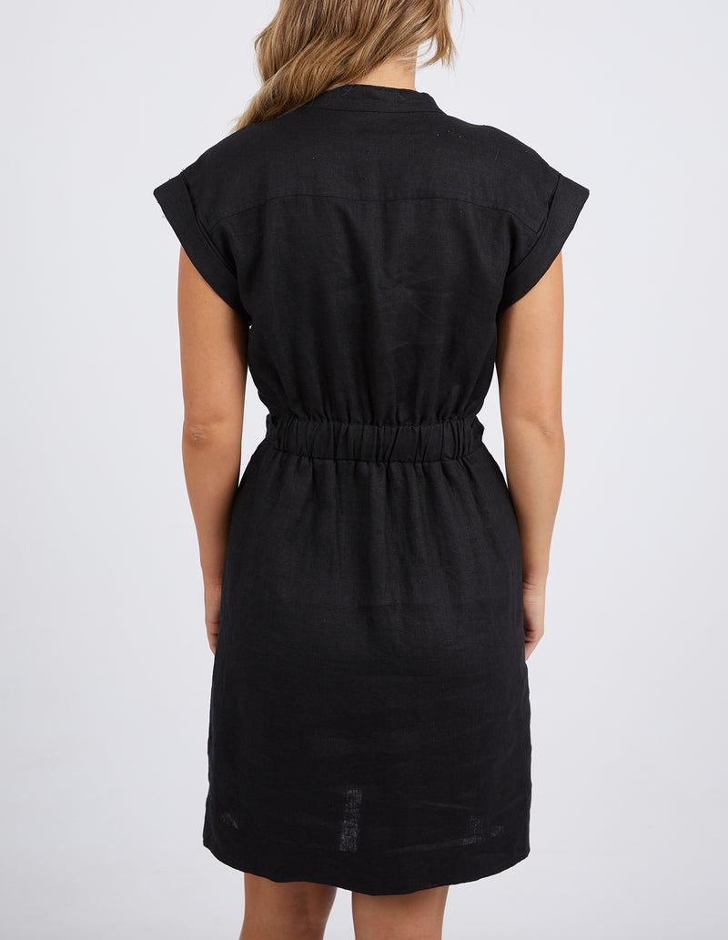 harlow dress by foxwood is a fuctional yet flattering linen style button up shirt dress with waist tie and elastic back in knee length