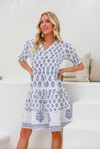 a white and blue cotton block print bohemian dress