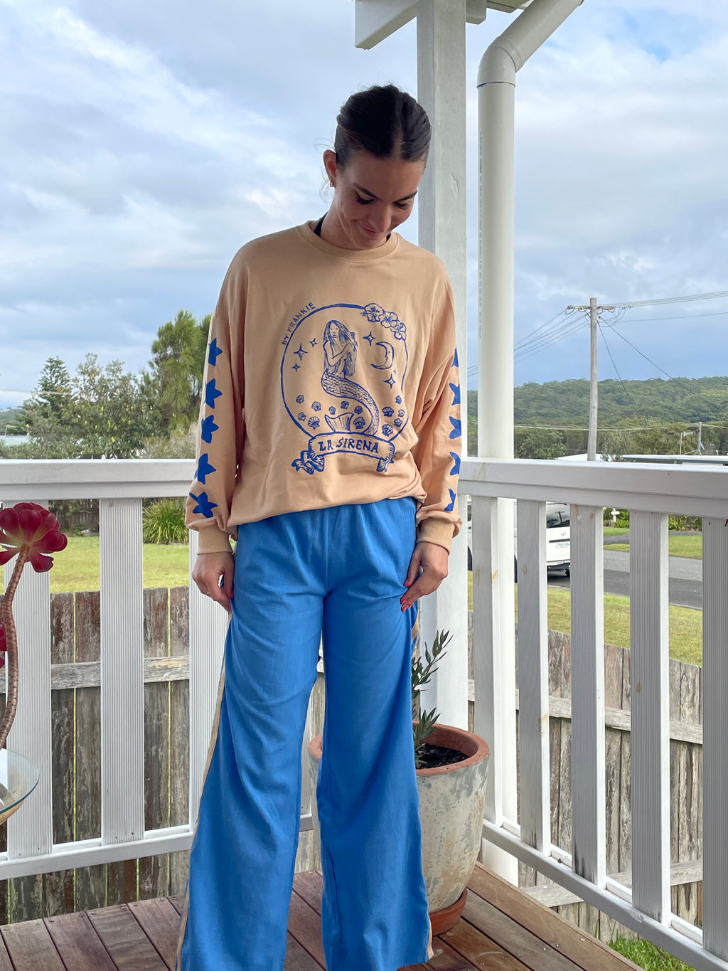 blue and beige racer stripe cotton pants by frankie