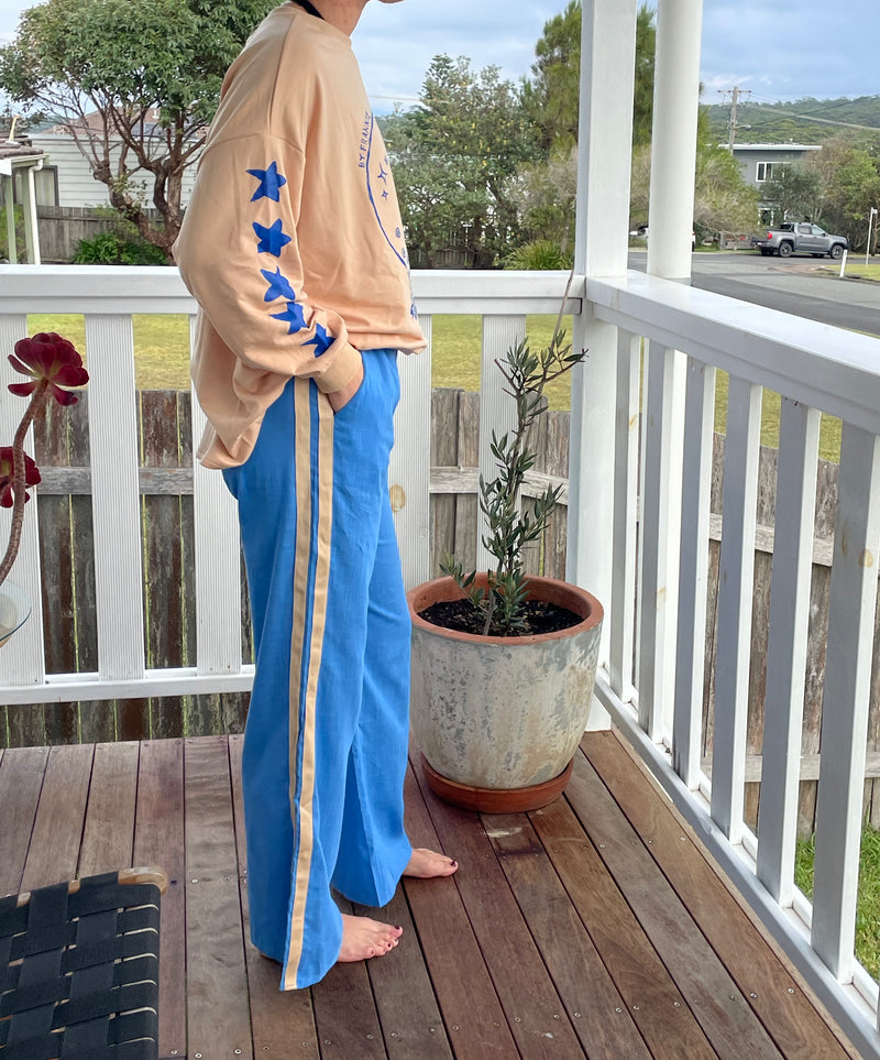 blue and beige racer stripe cotton pants by frankie