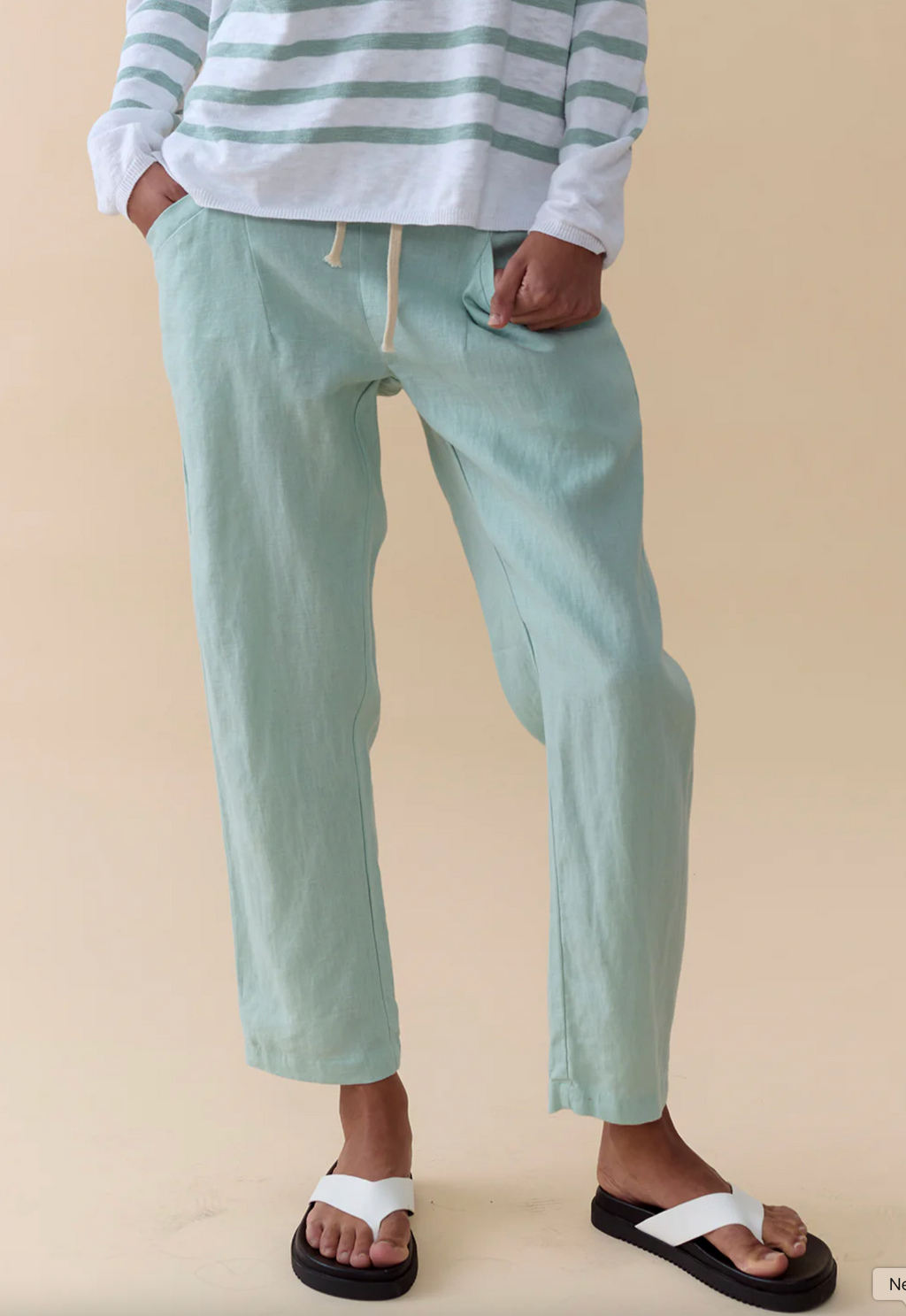 linen luxe pants by little lies are casual pull on elastic waist trousers in duck egg blue