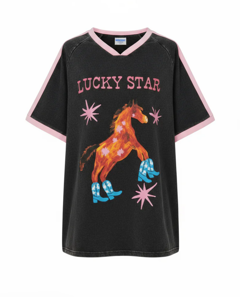 Lucky Star Tee by frankie is a black acid was cotton tee with a horse wearing cowboy boots and pink stars and stripes