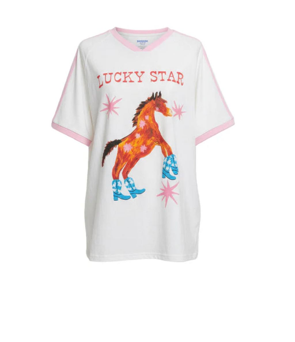 Lucky star tee by frankie is a white tee with a horse wearing cowboy boots and pink contrast stripes