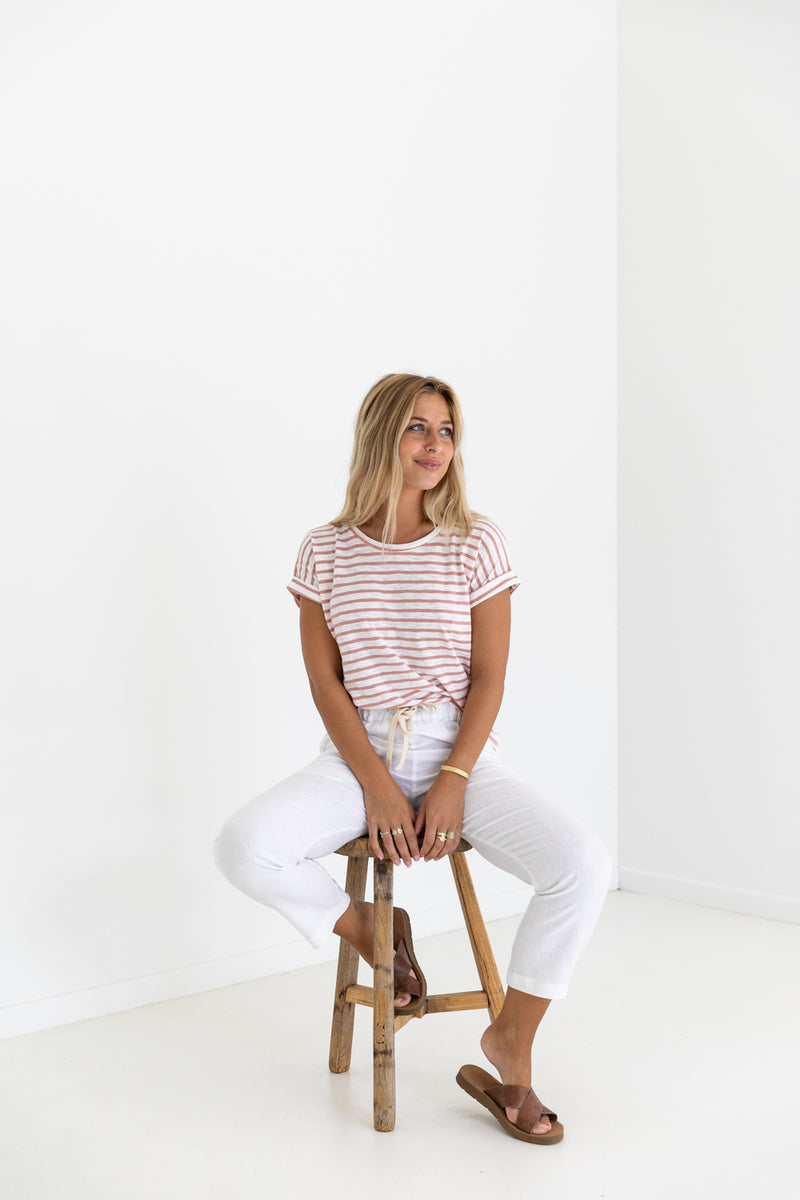 the oscar stripe tee by little lies is a cotton pull on t-shirt with rolled sleeves