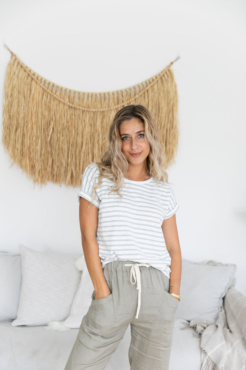 the oscar stripe tee by little lies is a cotton pull on t-shirt with rolled sleeves