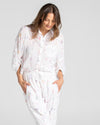 the pari shirt by boom shankar is a super silky soft cotton button up collared blouse with a small aztec print