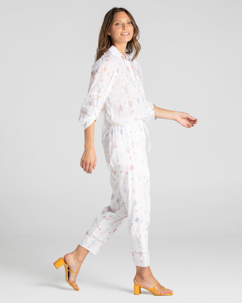 the pari shirt by boom shankar is a super silky soft cotton button up collared blouse with a small aztec print