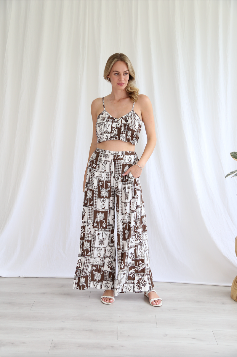Paros wide leg pants in chocolate brown and white by salty bright