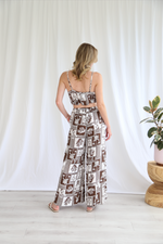 Paros wide leg pants in chocolate brown and white by salty bright