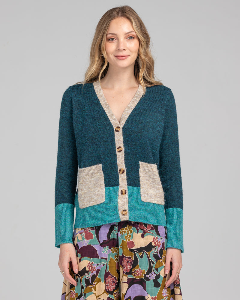 the poet cardigan by boom shankar is a soft and cozy knitted v neck cardigan in olive green with contrast tones for a modern boho vibe