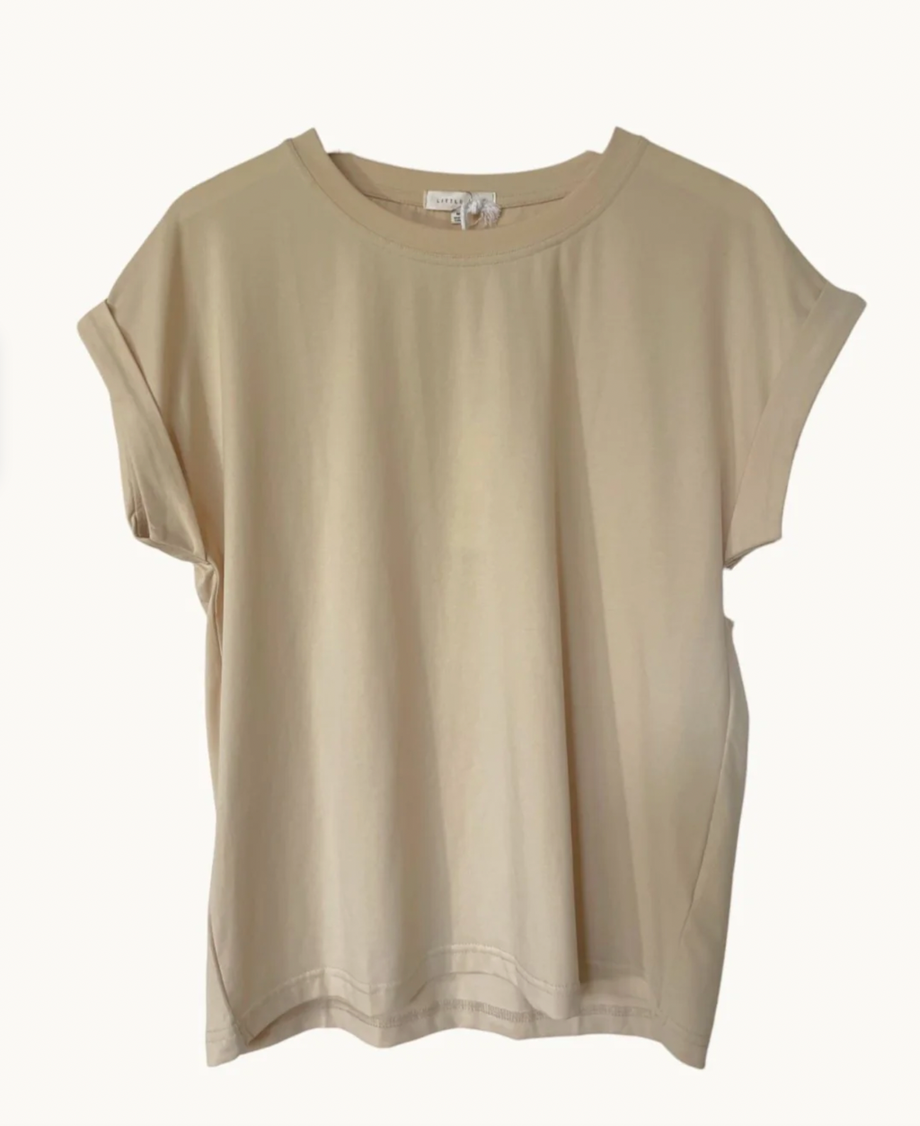 the rhodes tee by little lies is a super soft t shirt with a rolled sleeve in high quality cotton blend