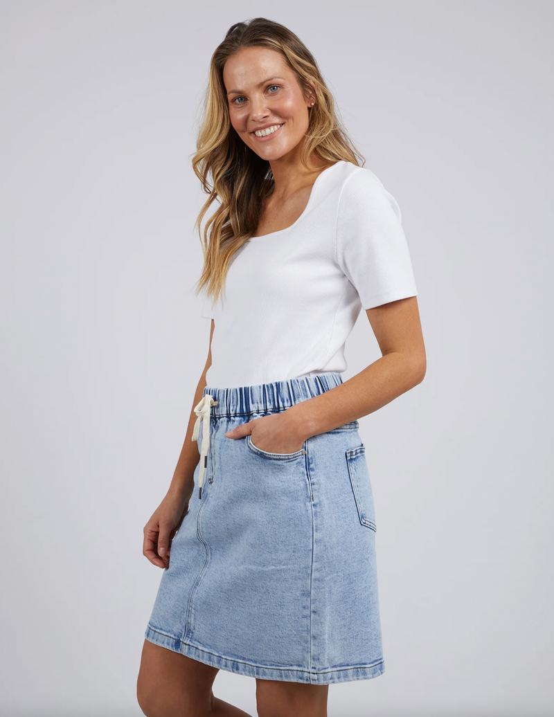 rio skirt by foxwood is a stretch washed denim pull on skirt