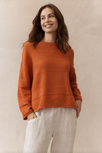 rowie jumper by little lies is a knitted textured burnt orange pull on sweater