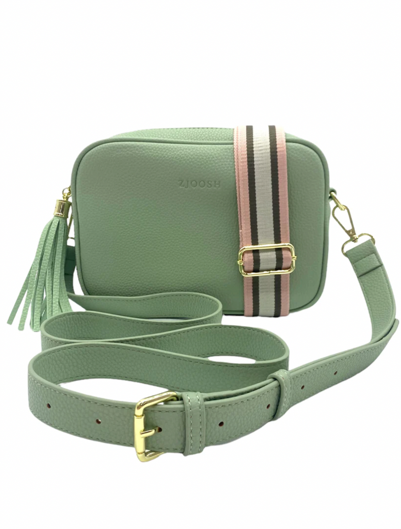 Ruby sports crossbody vegan leather bag by zjoosh in pistachio green with contratsting adjustable straps