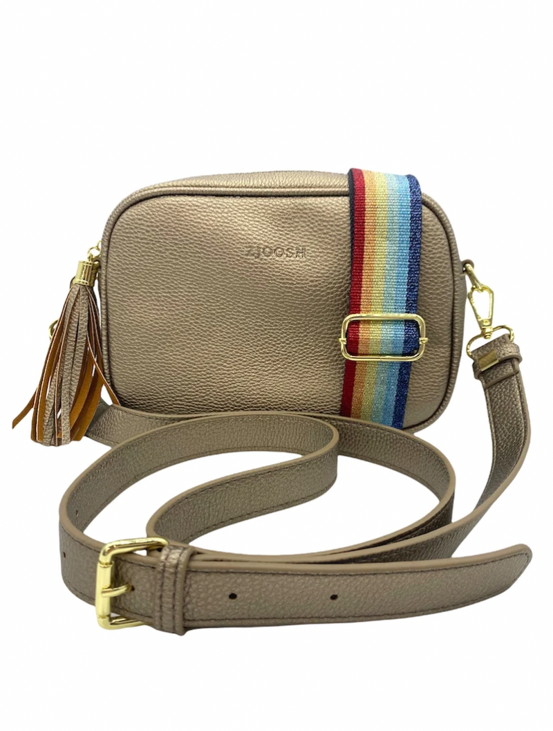 Ruby sports crossbody vegan leather bag by zjoosh in bronze with contratsting adjustable straps