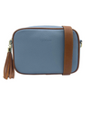 a light blue vegan leather cross body bag by zjoosh with tan contrast piping and straps