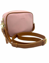 a pink vegan leather cross body bag by zjoosh with tan contrast piping and straps