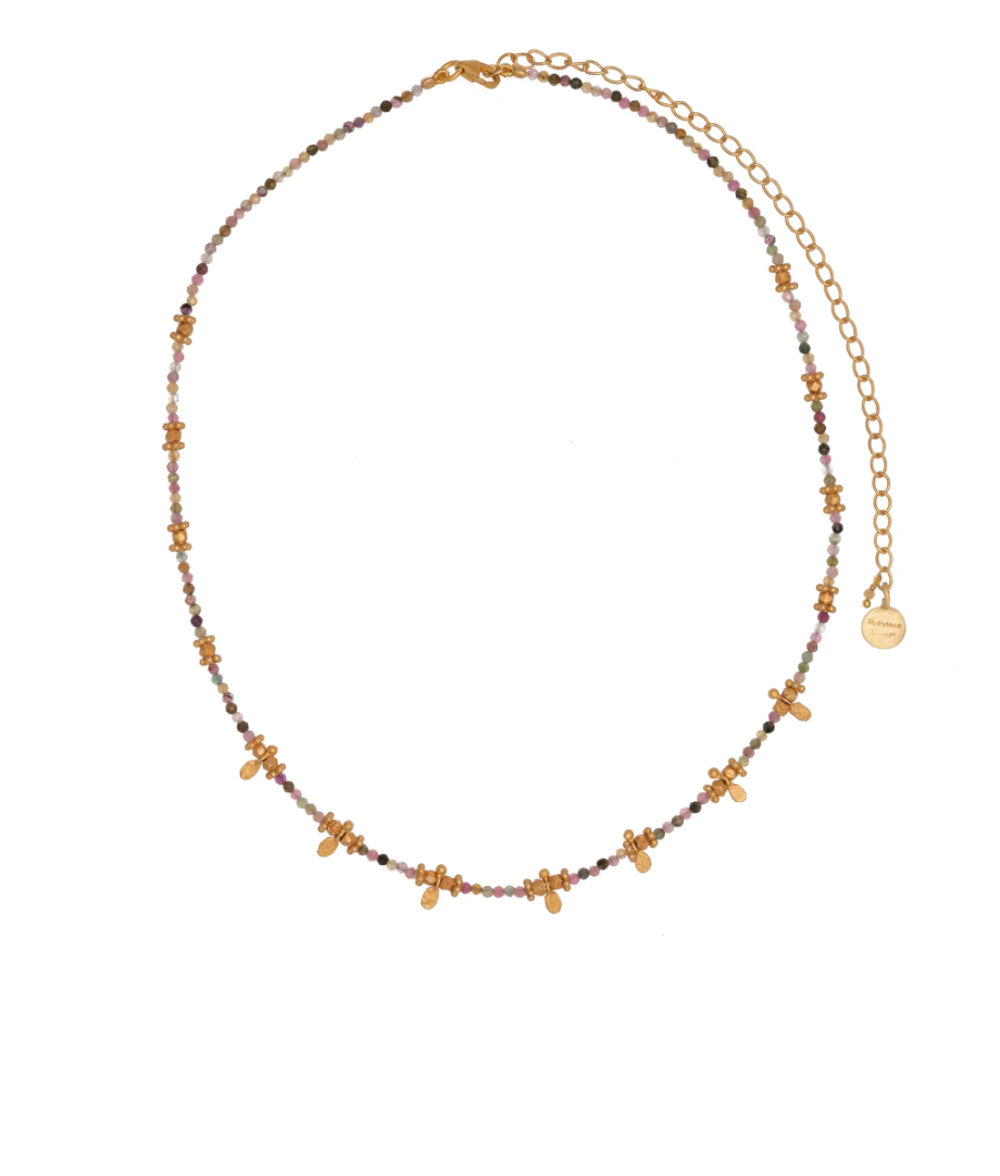 a 22 karat yellow gold plate necklace with gold beads and multi tourmaline semi precious stones by ruby teva