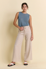 remy pants in a natural linen with pockets by little lies with a soft knitted natural knitted tank
