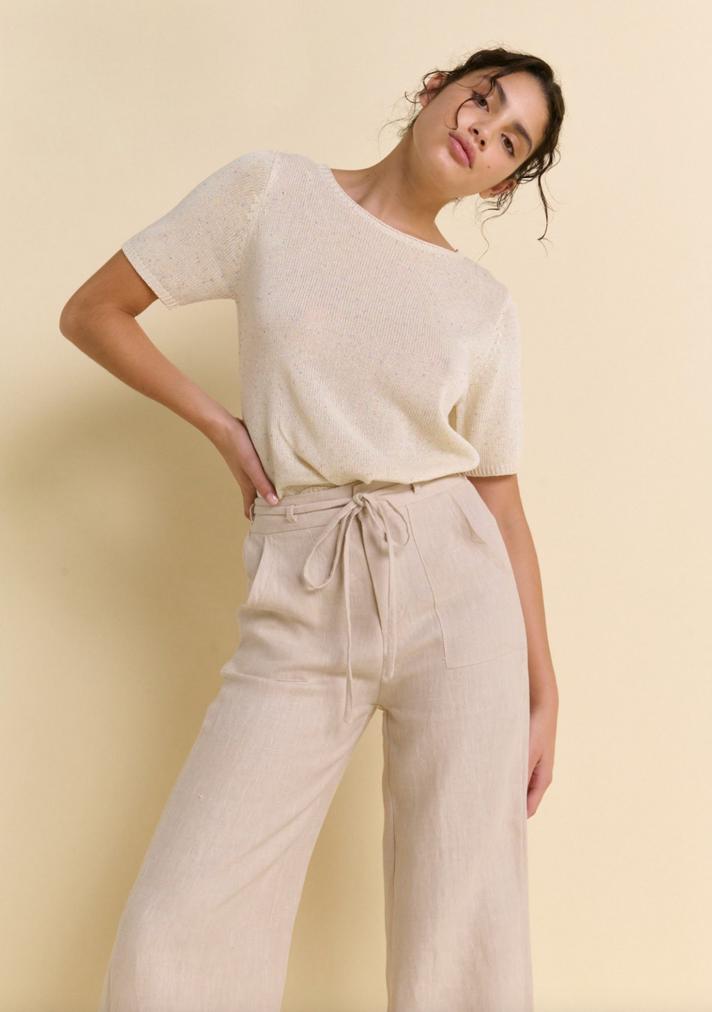 remy pants in pale blue linen with pockets by little lies with a soft knitted pale blue spring tank top