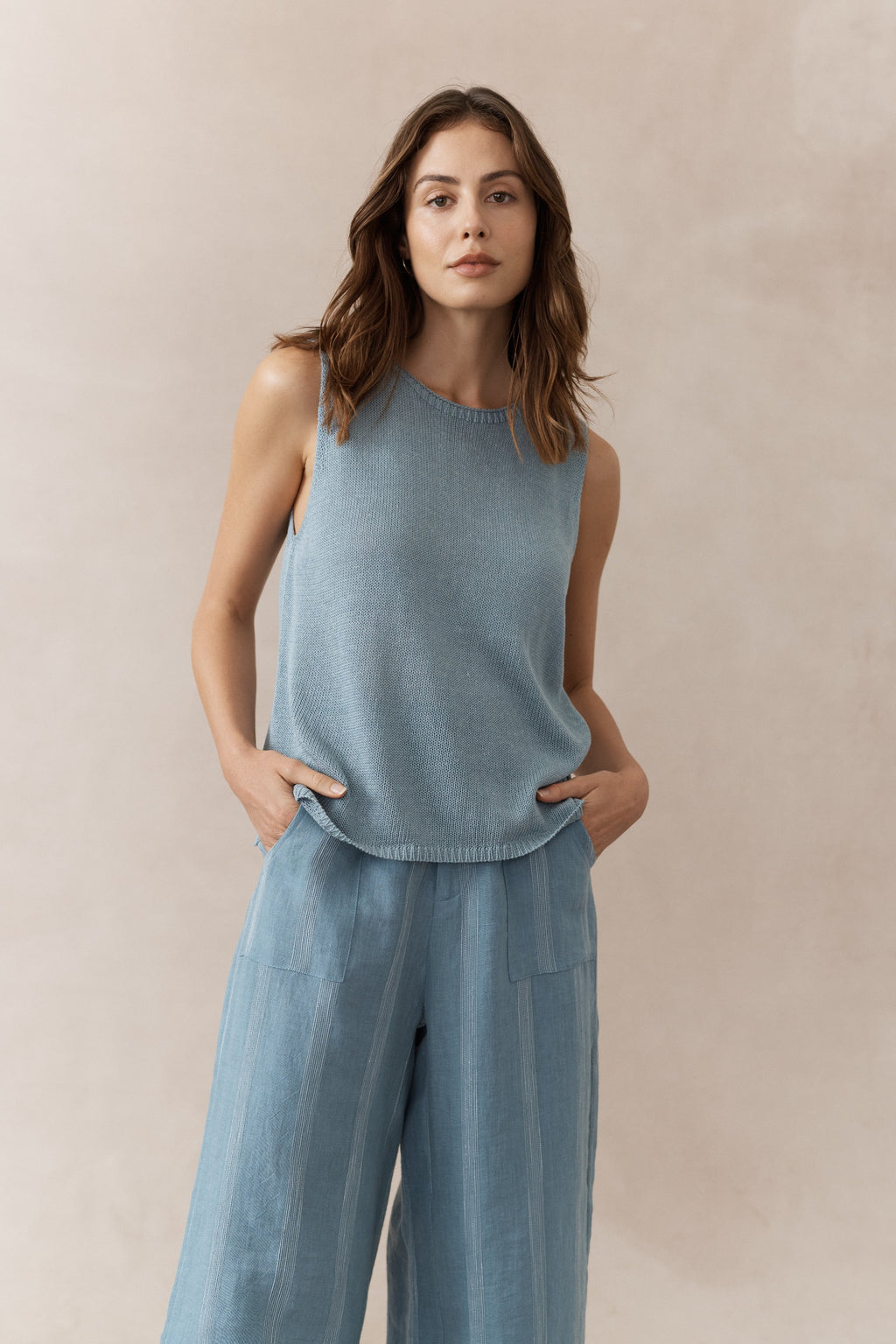 spring tank by little lies is a natural linen blend knitted pull on sleeveless top
