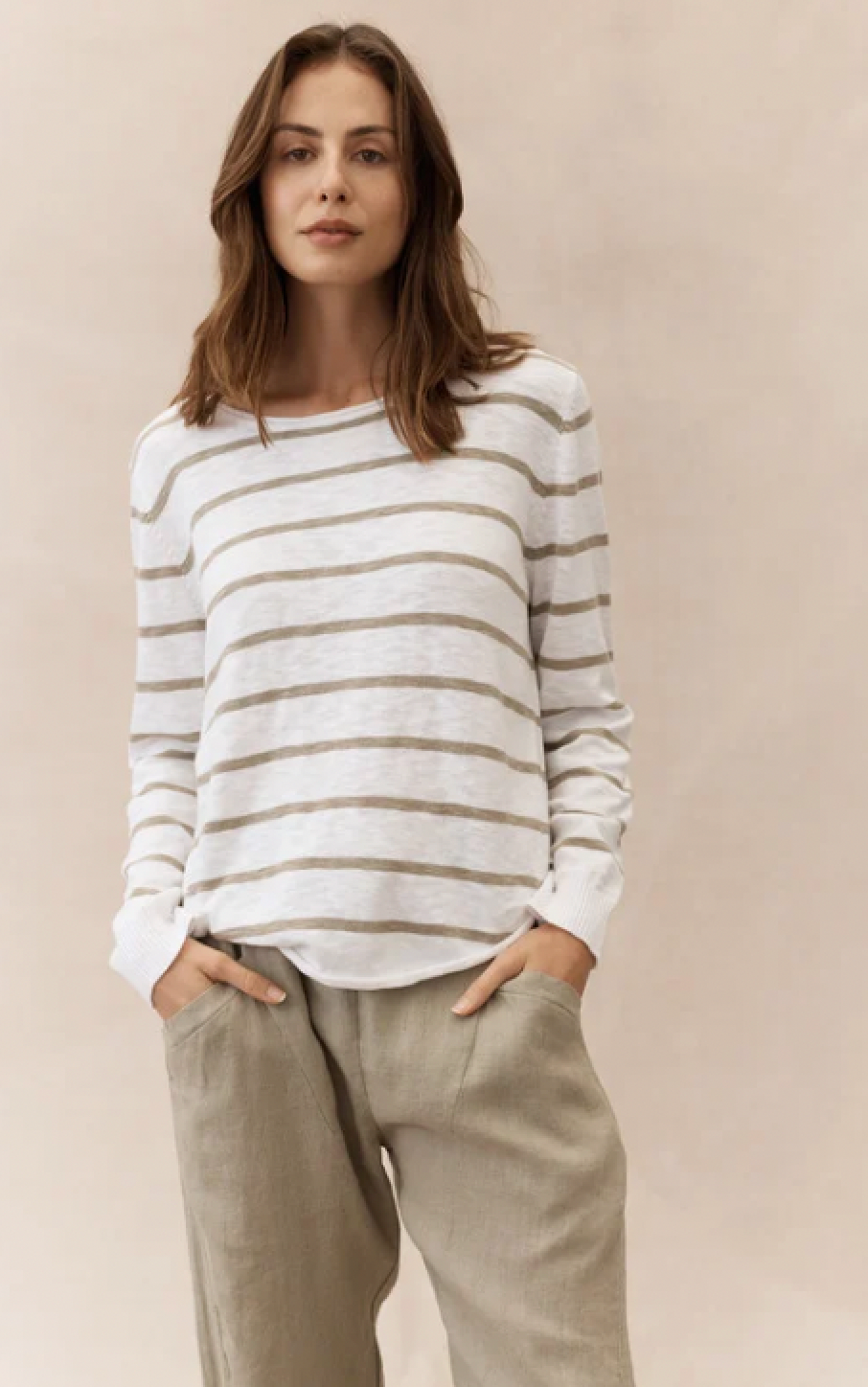 the stripe nellie top by little lies is a khaki and white stripe cotton knit pull on top