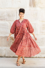 the sukra dress by soul song is a cotton bohemian red garnet block print pull on dress