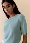 summer tee by little lies is a lightweight linen blend knitted top in duck egg blue
