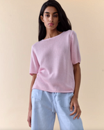 summer tee by little lies is a lightweight linen blend knitted top in pink