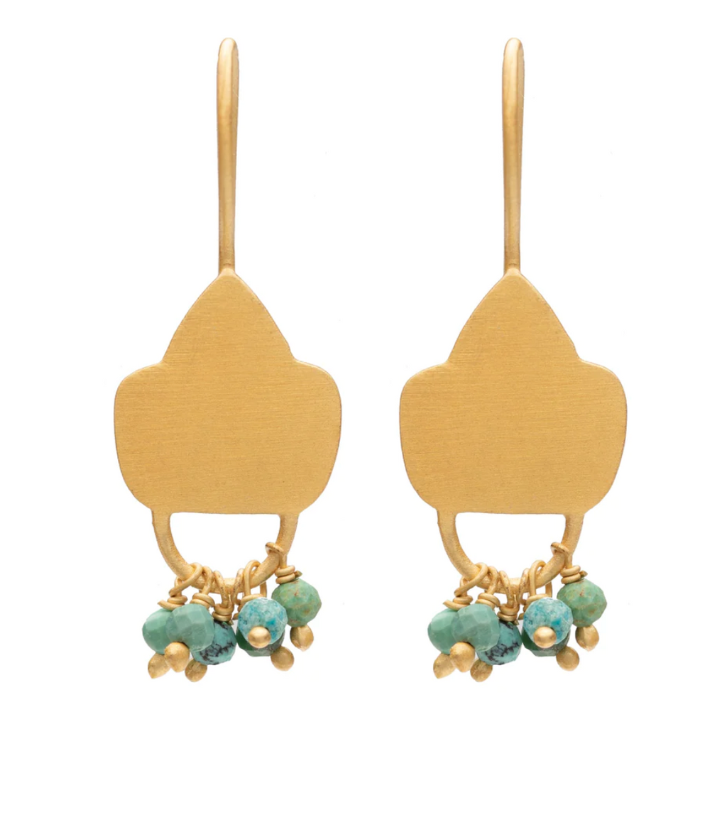 turquoise shield earrings by ruby teva jewelery in 22 karat gold plate