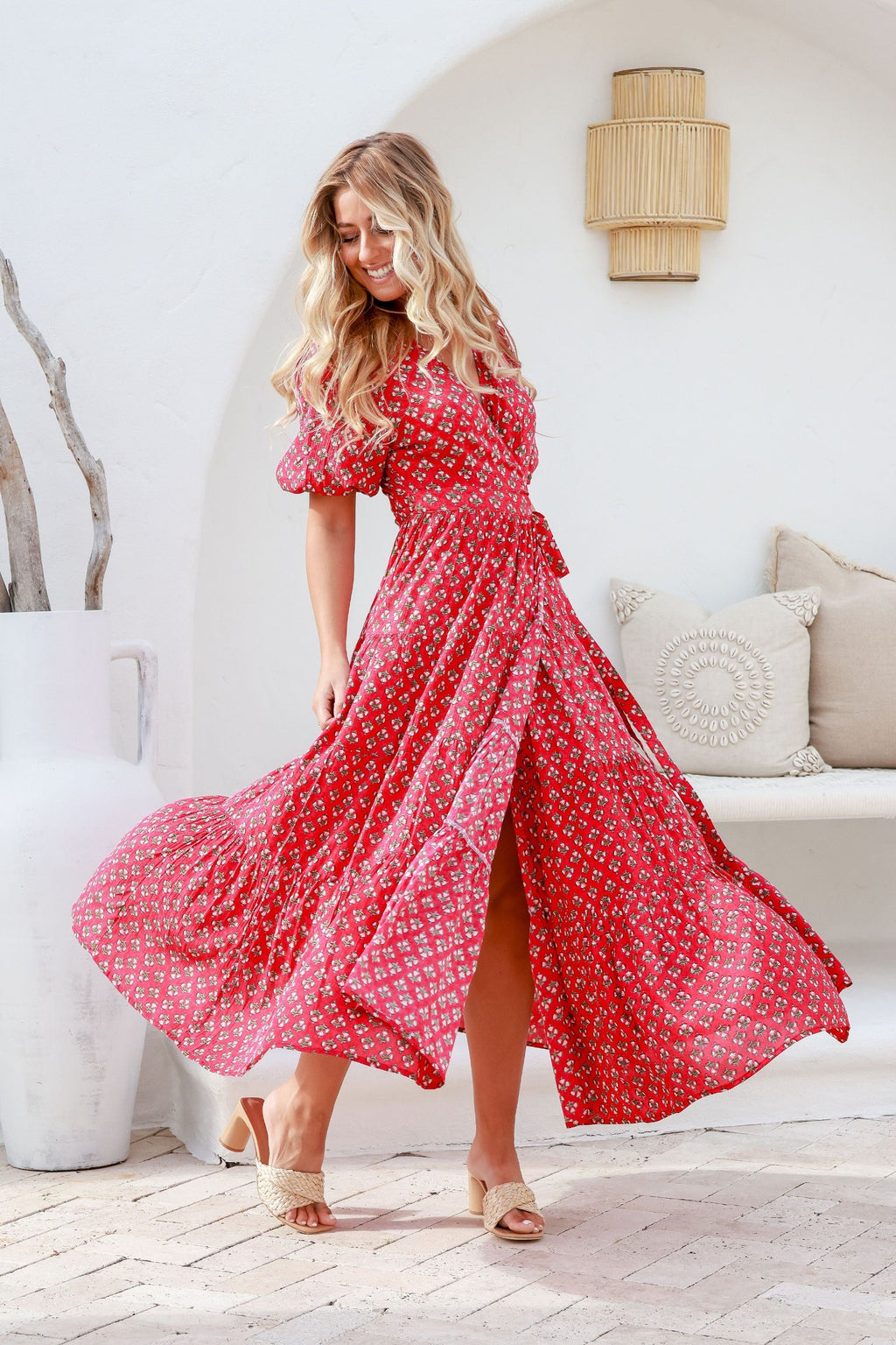 a red floral maxi wrap dress by joop and gypsy
