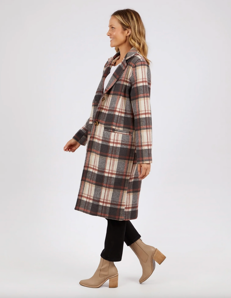 the westward coat by foxwood is a wool blend check plaid longline jacket