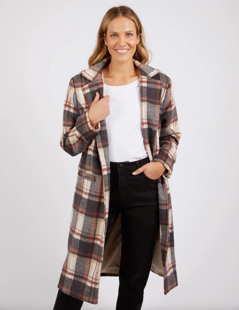 the westward coat by foxwood is a wool blend check plaid longline jacket