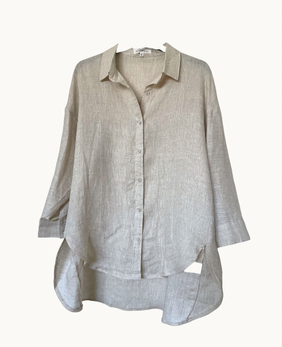 little lies boyfriend shirt is a linen long sleeve button up top in charcoal