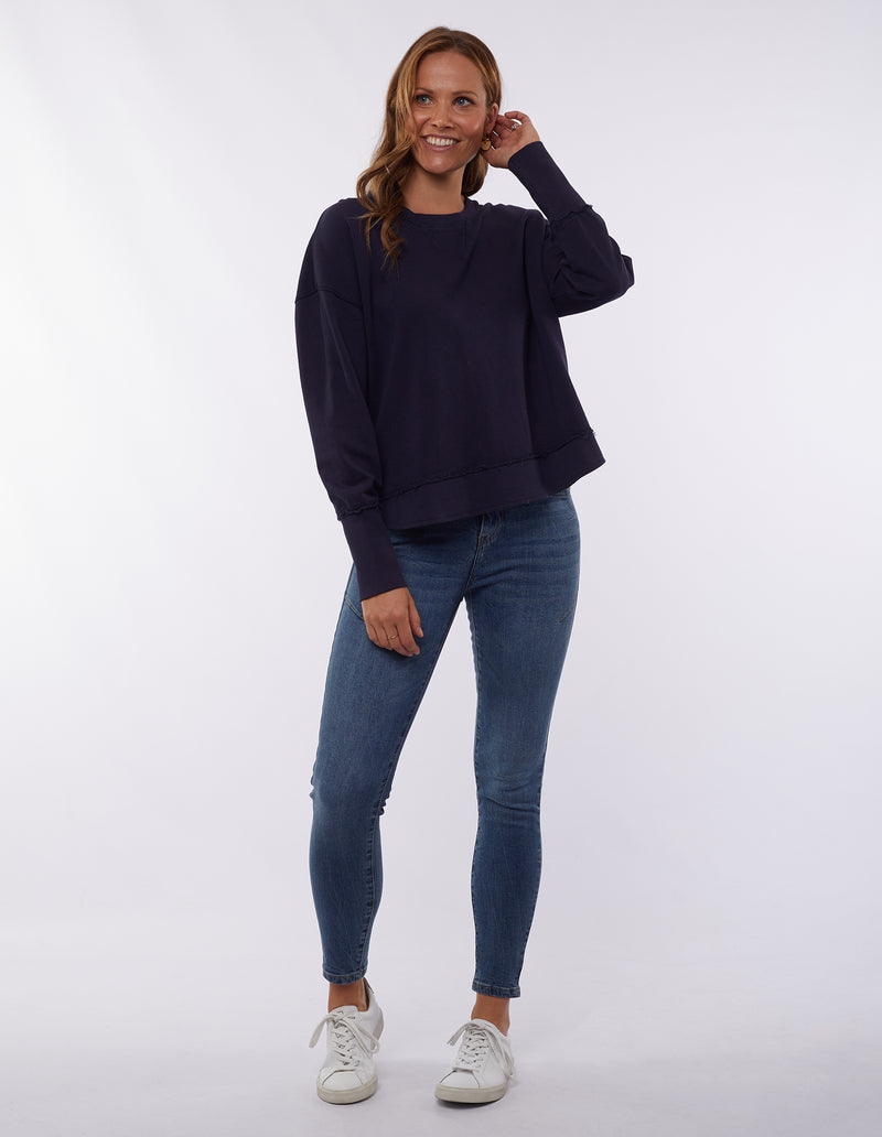 delilah crew by foxwood is a navy blue pull on cotton sweater