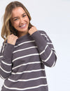 fun casual grey and white stripe cotton long sleeve top by foxwood