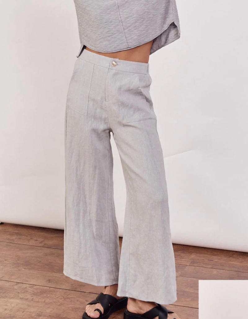 jude pants by little lies are a duck egg blue linen fitted pant with zipper and button closure and wide leg